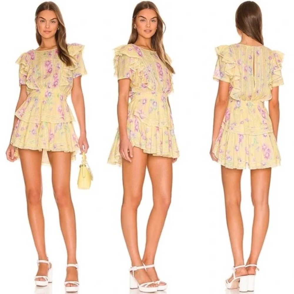 LoveShackFancy Natasha Yellow and Purple Floral Dress Size L